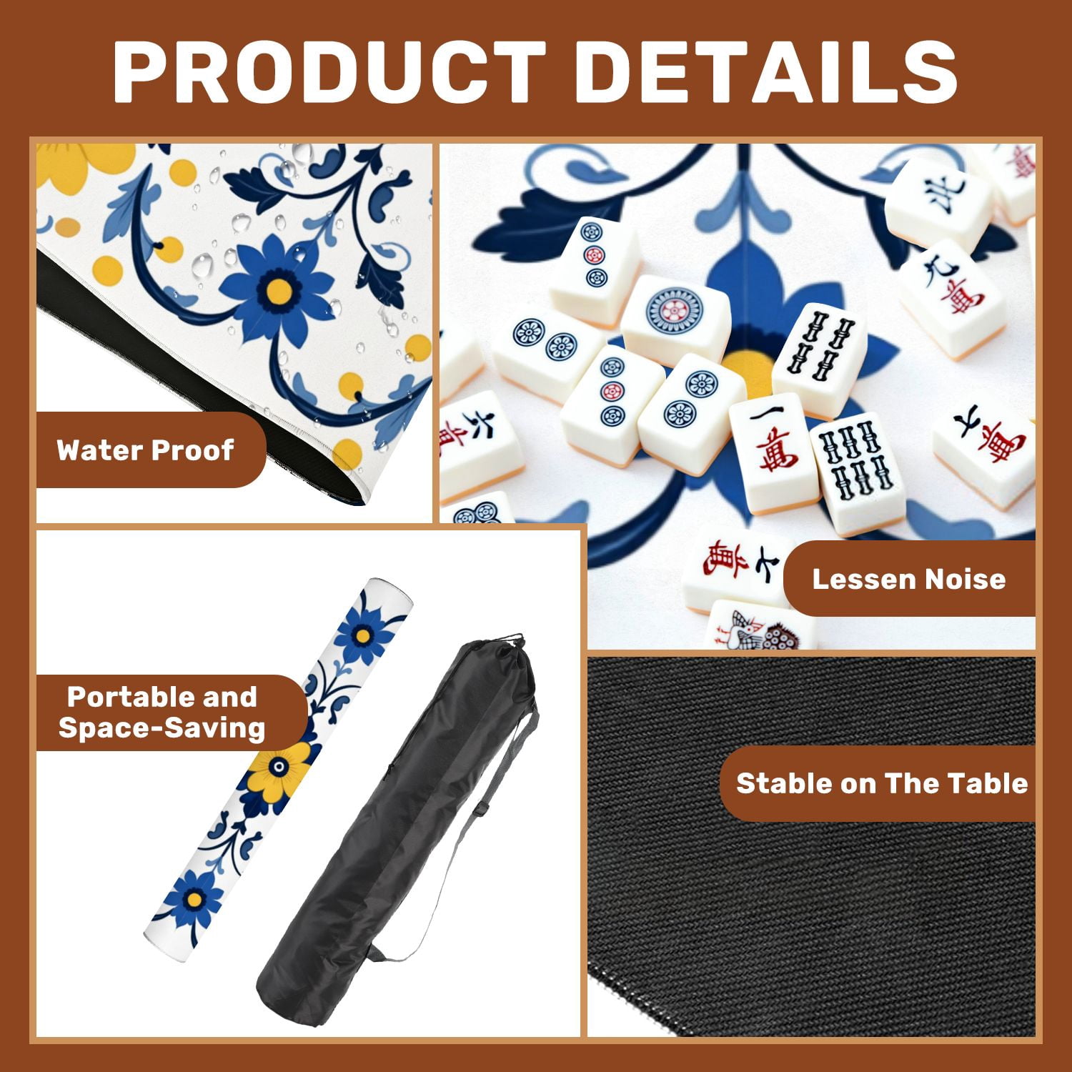 Mahjong Mat 31.5" x 31.5" Floral Symmetrical Yellow Blue Flowers White Non-Slip Noise Reduction American Mahjong Tiles Table Cover for Dominoes Poker Card Board Games Gift