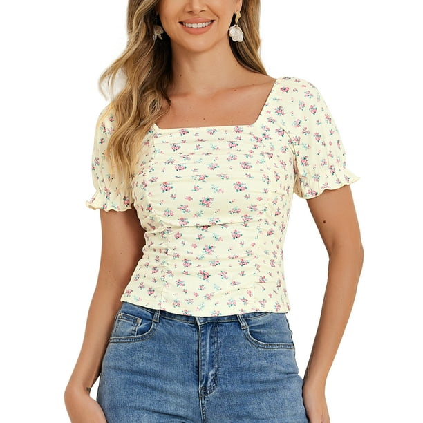 INSPIRAR CHIC Blusa Cortada de Manga Corta con Fruncido Floral para Mujeres XS Beige Amarillo
