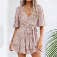 thumbnail image 2 of Qcmgmg Womens Summer Short Flared Sleeve Romper V Neck Floral Print Jumpsuit Waist Tie Layer Ruffle Hem Dress Look Rompers Pink S, 2 of 5