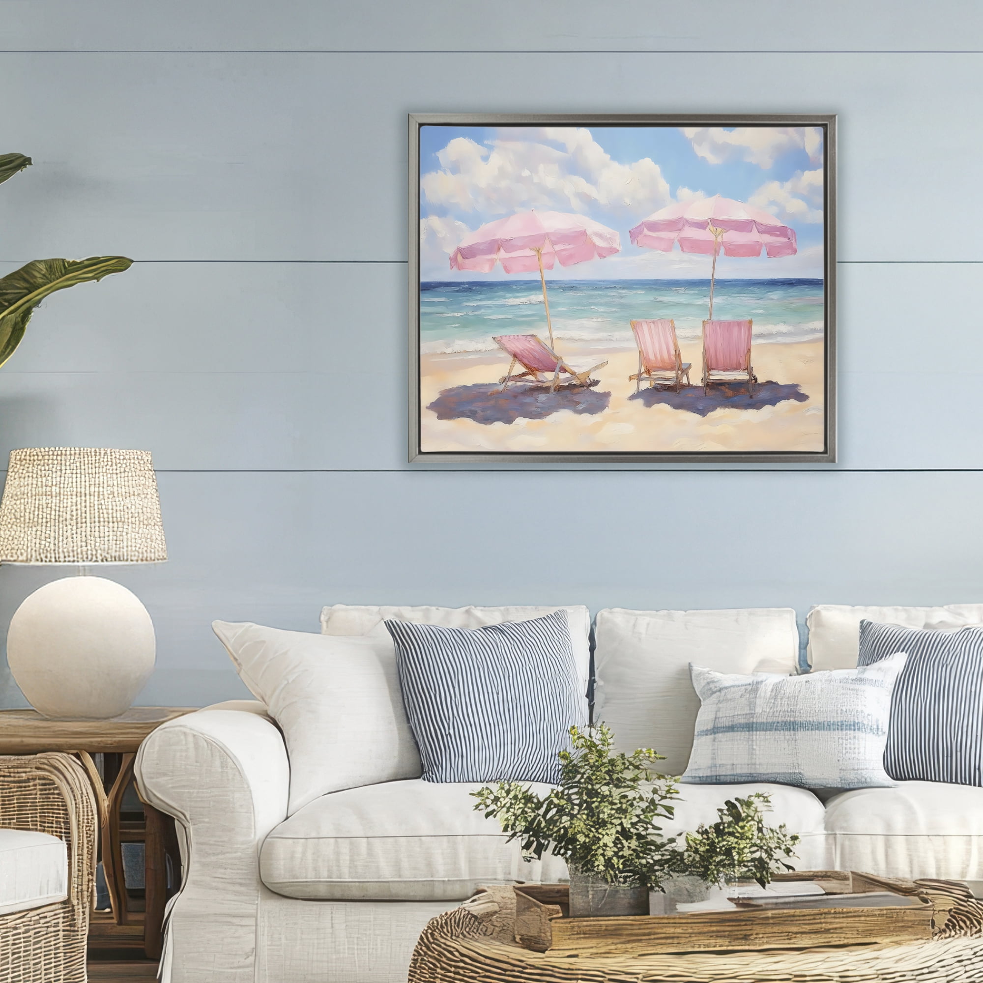 Stupell Industries Pink Summer Chairs by the Sea Gray Framed Floater Canvas Wall Art, design by LSR Design Studio