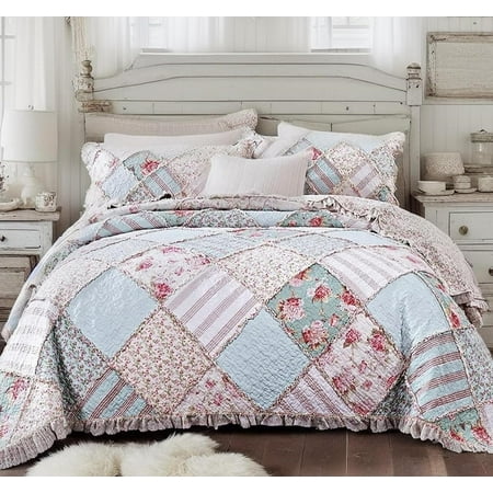 DaDa Bedding Cottage Patchwork Cotton Floral Bedspread Quilt Set - Hint of Mint Dainty Quilted Blooming Garden Botanical - Multi Colorful Ruffle Pastel Light Pink Blue/Green - Queen - 3-Pieces