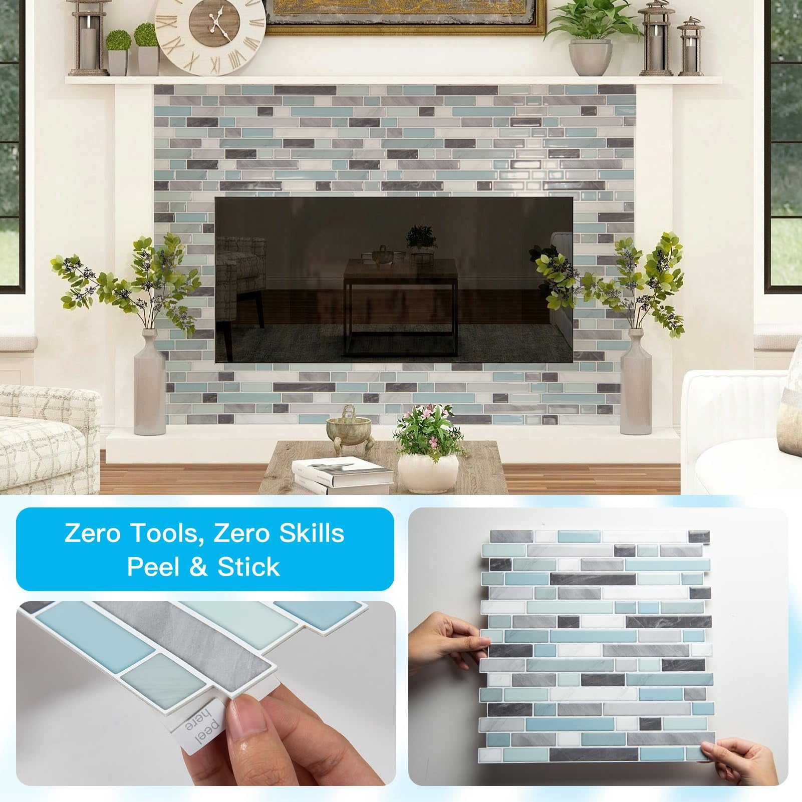 10-sheet Heavy-duty Peel And Stick Backsplash  Waterproof Wall Tiles On Kitchen Living Space Gray & Blue