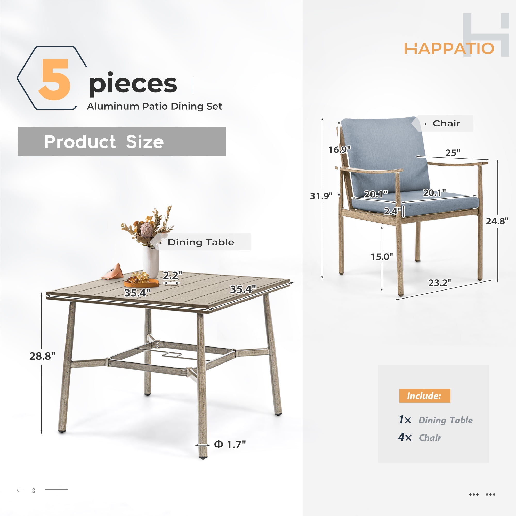 HAPPATIO 5-Piece Outdoor Dining Set for 4, Aluminum Patio Dining Set Includes 1 Large Square Table with Umbrella Hole and 4 Dining Chairs, Patio Furniture Set for Lawn, Porch, or Backyard (Brown)