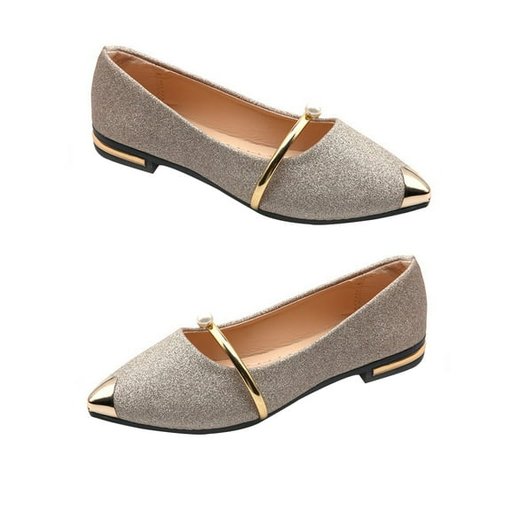 WORGEOUS  Ballet Flats for Women Gold Pointed Toe Pearls Pumps