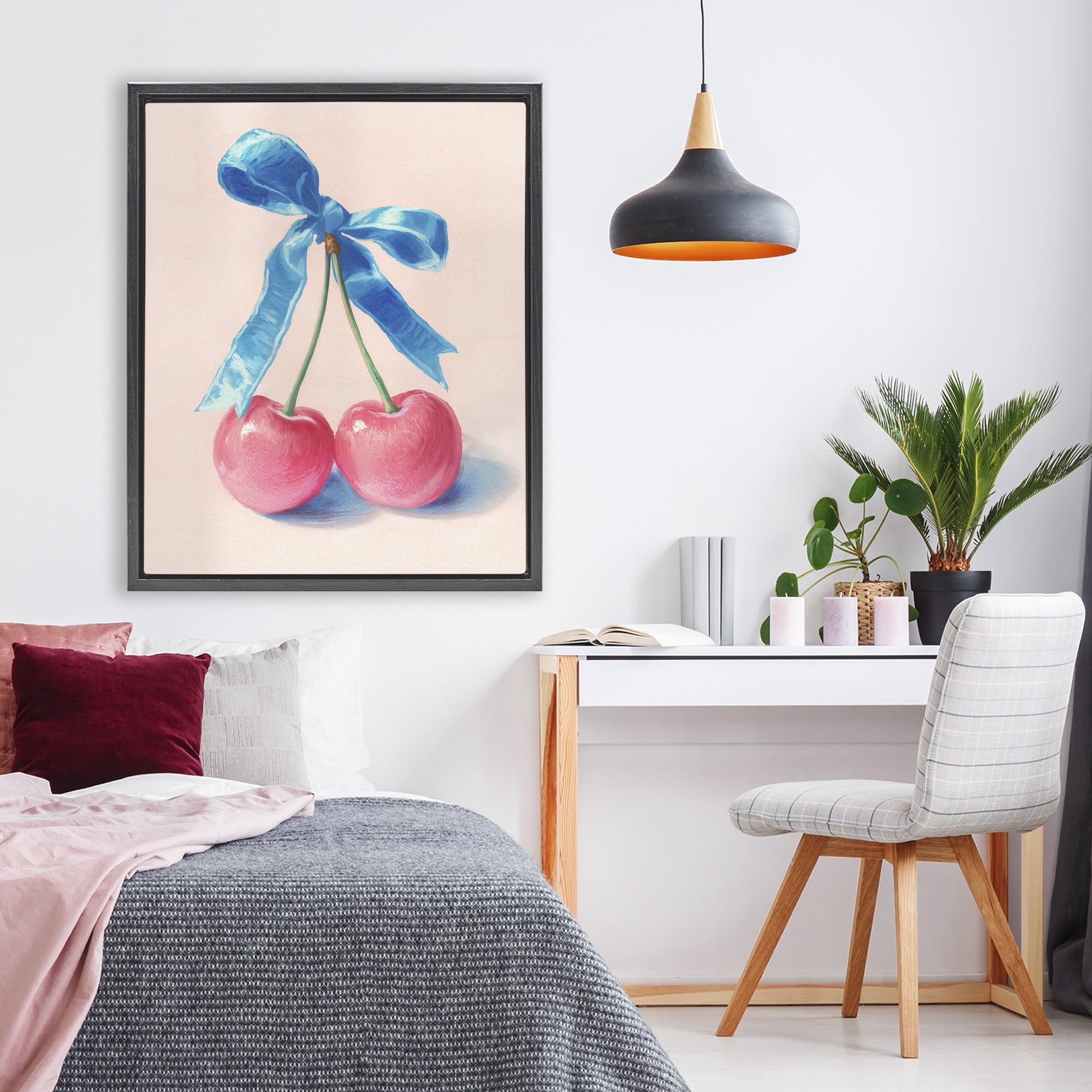 Stupell Industries Twin Cherries with Blue Ribbon Black Framed Floater Canvas Wall Art, design by Imagine It Images