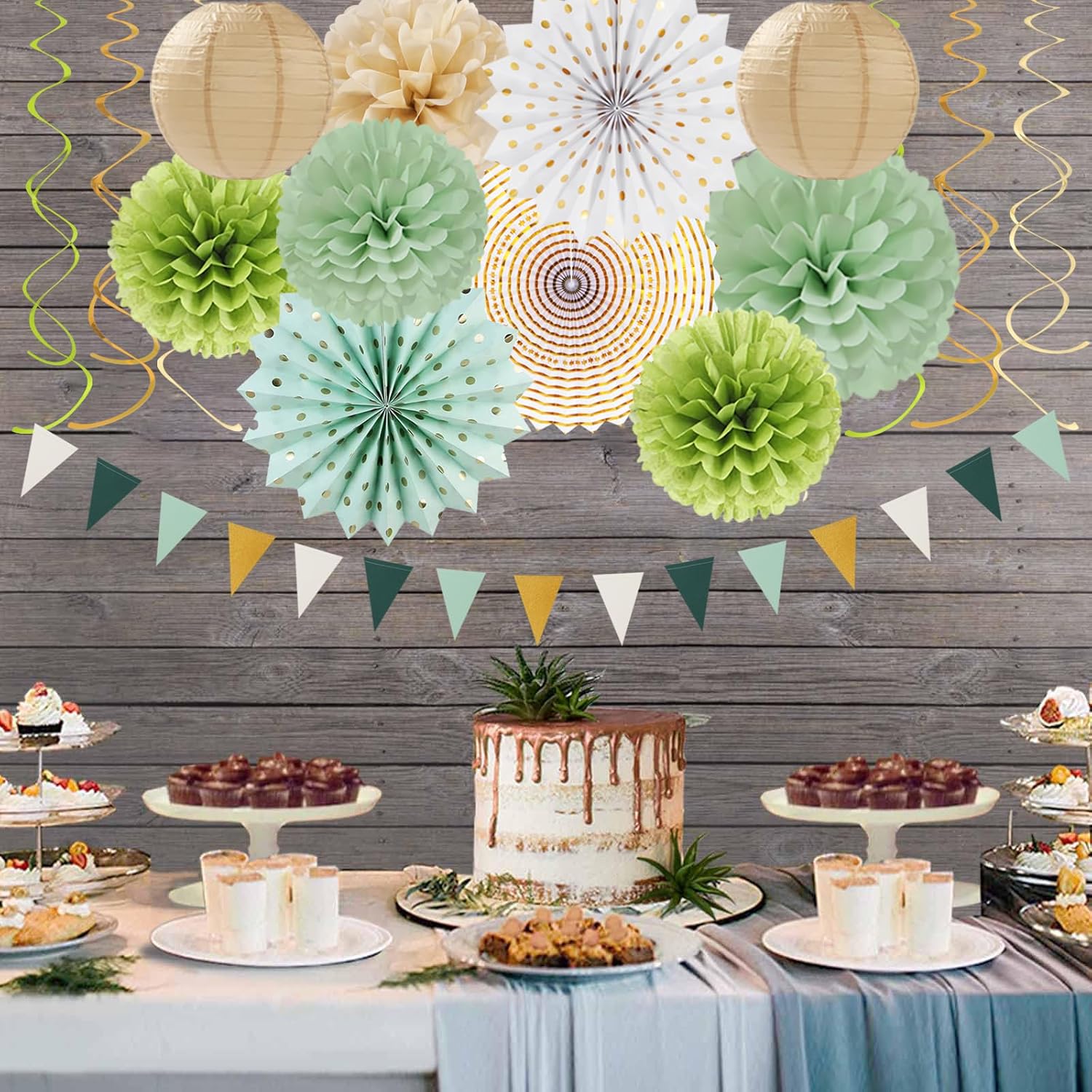 NestE Sage-Olive Green Gold Brown Boho Party-Decorations - 33pcs Paper Lanterns Fan, Banner,Streamers Tassel Garland,Tissue Pom Poms,Baby Bridal Shower Birthday Wedding Bachelorette Engagement Decor
