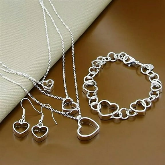 GKNET Fashion 925 Sterling Silver Heart Bracelet Necklace Earrings Women Delicate Jewelry Sets