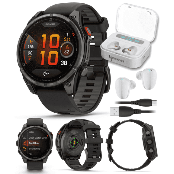Garmin Fenix 8 Pro 47mm AMOLED Sapphire Premium Connected Multisport GPS Smartwatch, inReach, Carbon Gray DLC Titanium & Black/Pebble Gray Silicone Band w/ Wearable4U White Earbuds Bundle