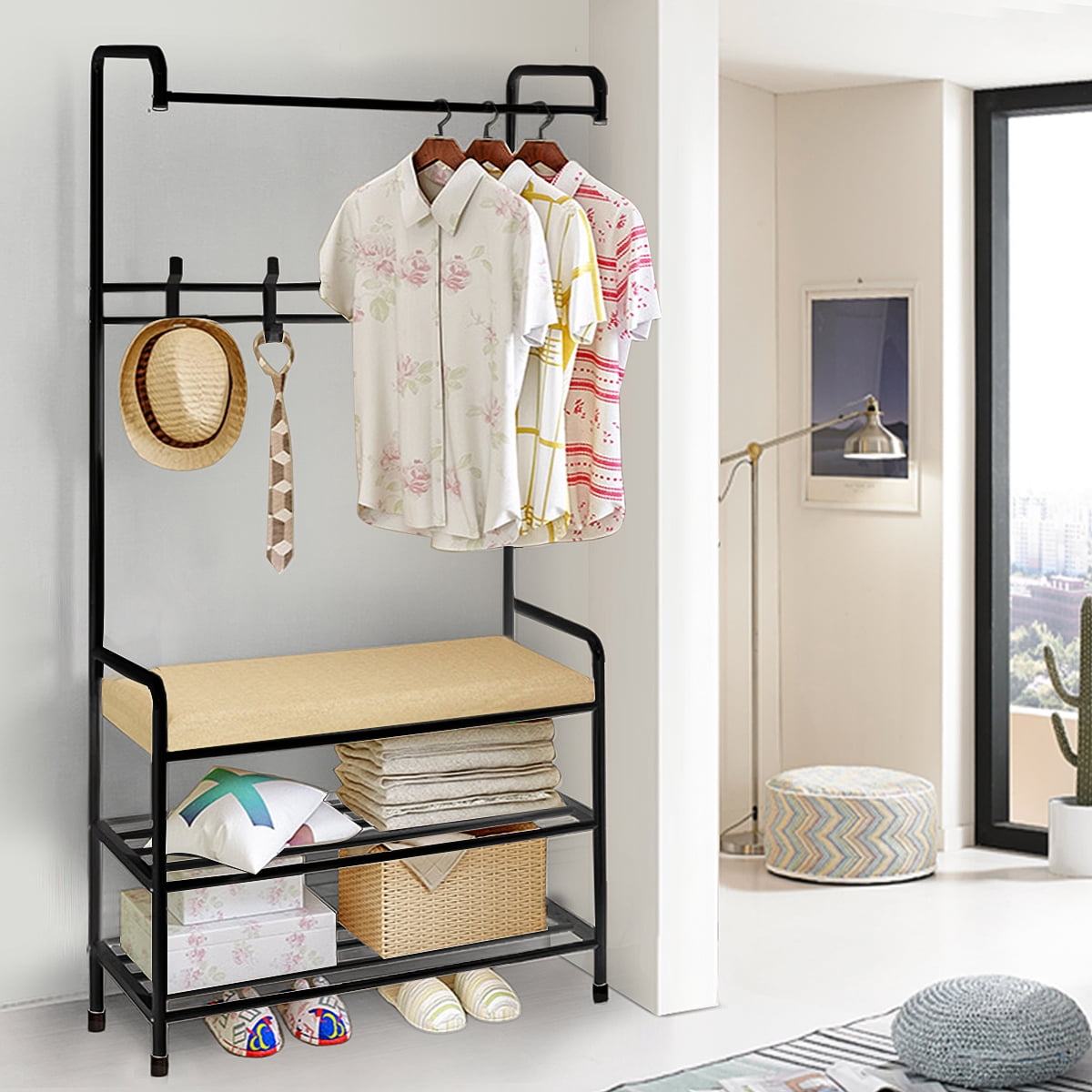 Metal Entryway Coat Hat Shoes Rack, with 3 Tier Storage Shelf & 8 Hooks