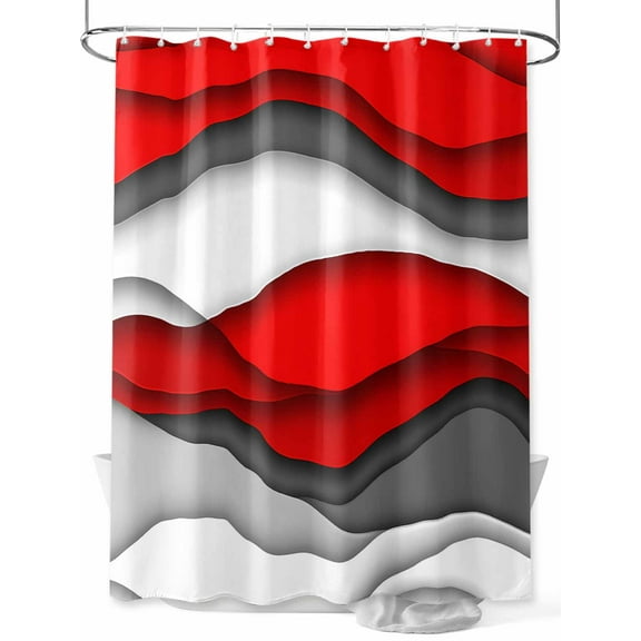 Abstract Geometric Shower Curtain, Red Gray Gradient Waves Contemporary Waterproof Shower Curtain Set with 12 Hooks Lightweight Washable Fabric Shower Curtains for Bathroom 72x78 Inches