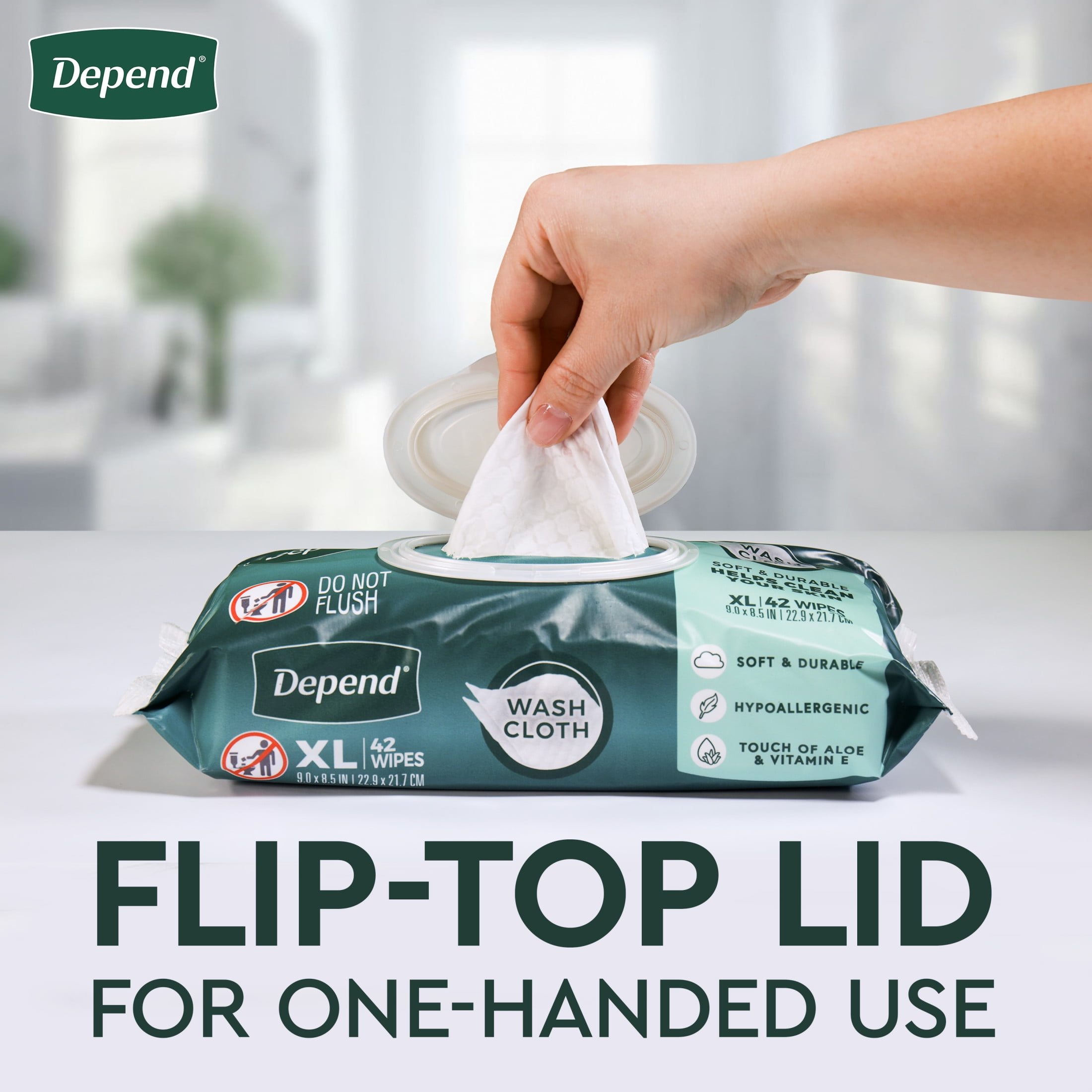 Depend XL Disposable Washcloths for Adults, 8 Flip-Top Packs, 42 Wipes Per Pack (336 Wipes Total)