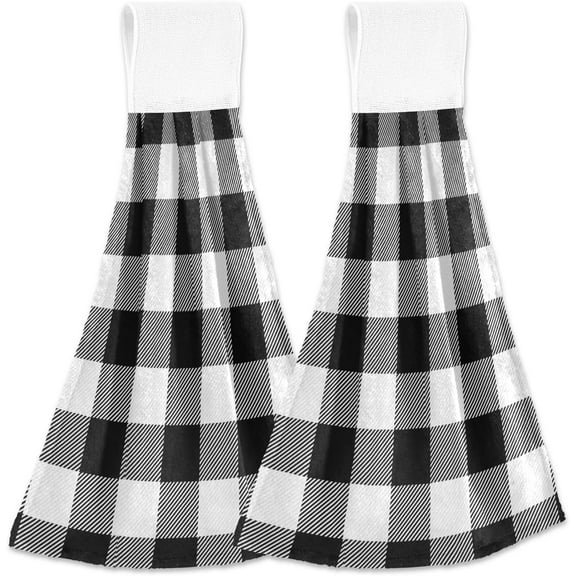 Wellsay Classic Buffalo Plaid Kitchen Hanging Towels Set of 2, Absorbent Hand Tie Towels Tea Bar Dishcloths Dry Towels for Kitchen Bathroom Home Decor, 12 x 17 Inch