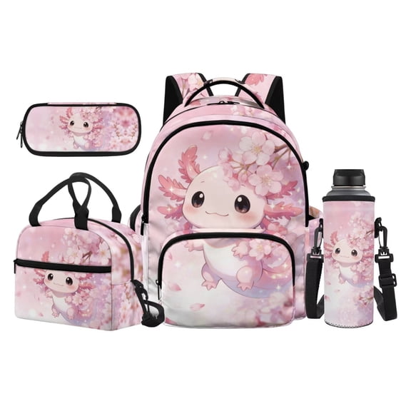 Jeiento Pink Axolotl 17 Inch Kids Water-Resistant School Backpack Set 4-Piece Lunch Bag Pencil Case Water Bottle Holder Cute Lightweight Large Capacity Bookbag for Students