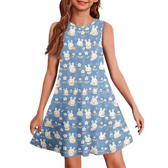 LTTVQM Easter Dresses for Girls Rabbit Egg Print Happy Sleeveless Sundresses Soft Crew Neck Midi Dress Trendy A-Line Dresses Blue 7-8 Years