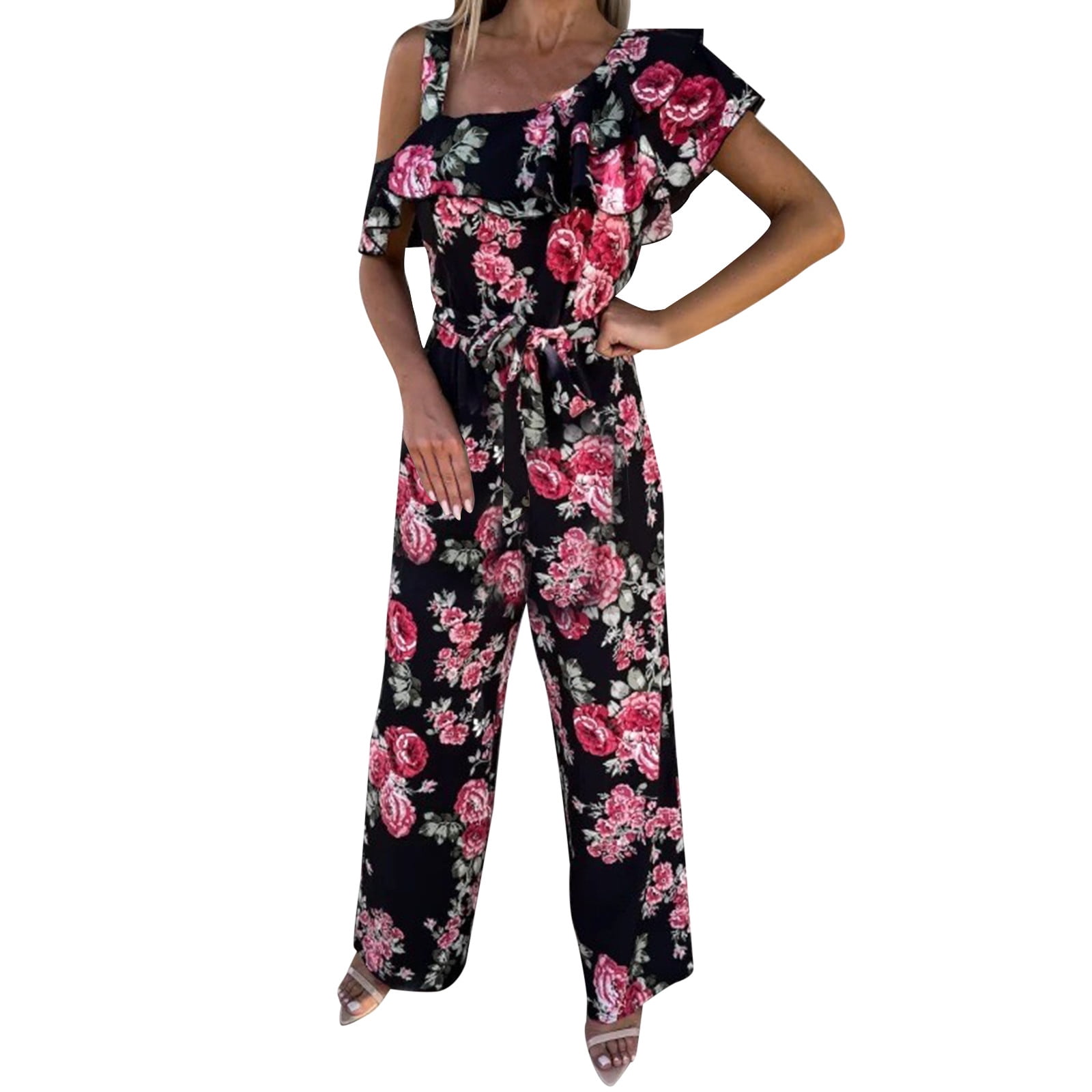 Women Loose Sleeveless Floral Print Rompers High Waist Long Jumpsuit