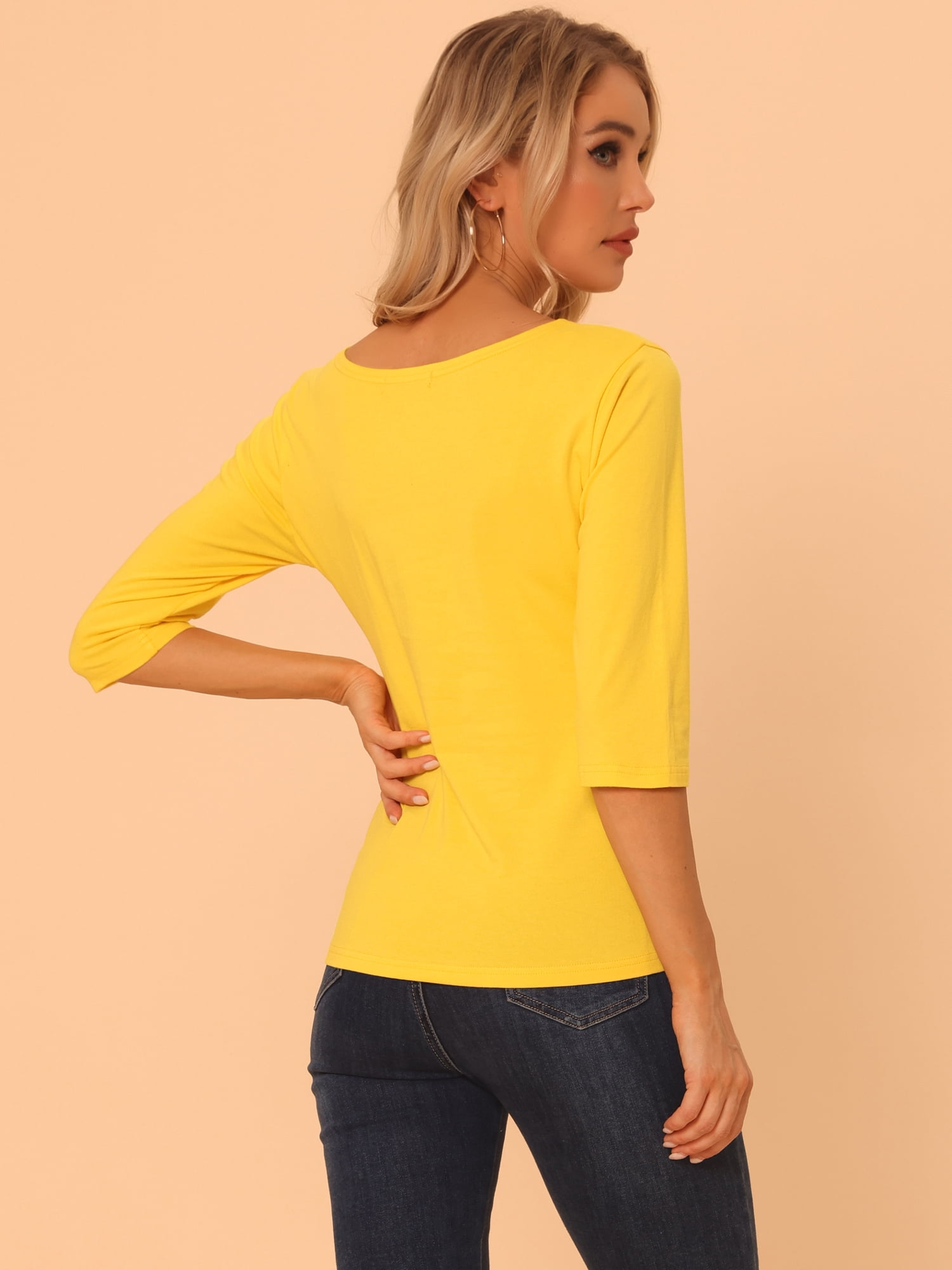 DARING DIVA Women's Elbow Sleeves Boat Neck Slim Fit Classic Tee S Yellow
