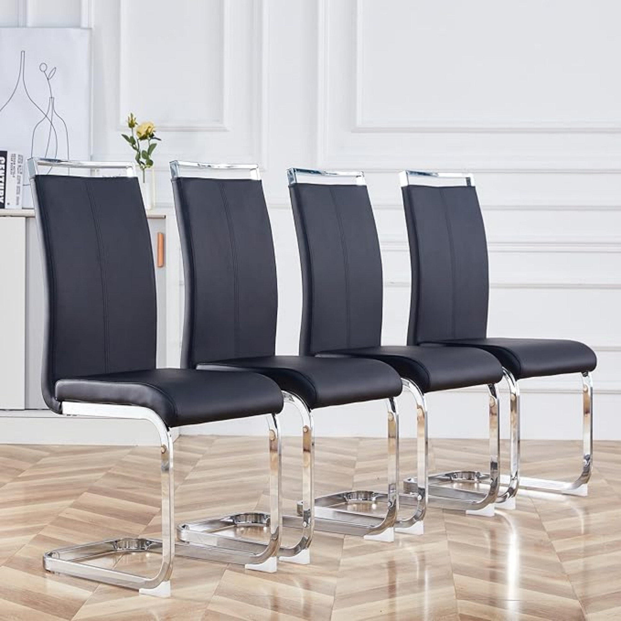 SUDICA Dining Chairs, Black PU Leather Upholstered, Chrome Metal Legs, Set of 2 for Kitchen Dining Room