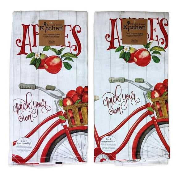 Set of 2 APPLE ORCHARD Red Bicycle Terry Kitchen Towels by Kay Dee Designs