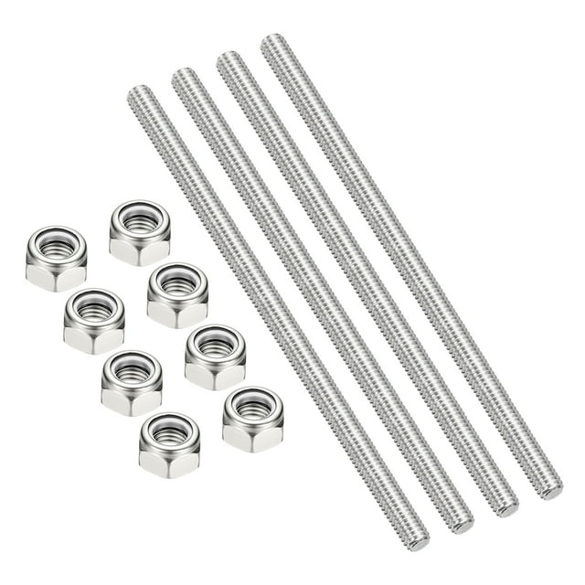 Uxcell 4Pcs 5/16"-18x140mm Threaded Rods with Hex Nuts, 304 Stainless Steel Fully Threaded Rod Right Hand Threads with 8Pcs Nylon Insert Lock Nut for Clamps Hangers U-Bolt, Silver Tone