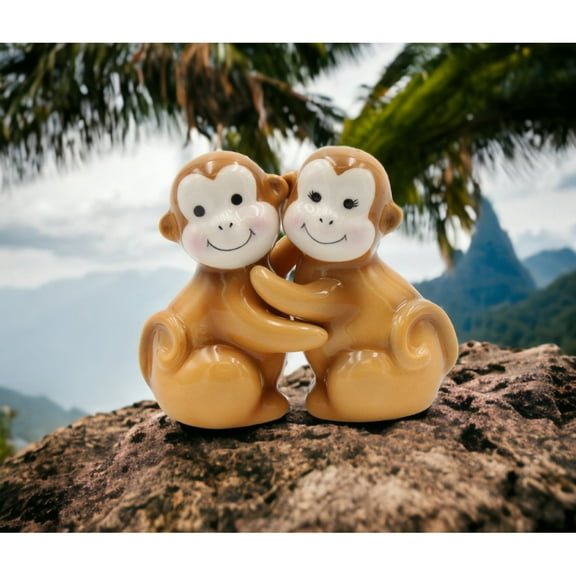 Ceramic Brown Monkey Salt and Pepper Shakers 2.125x1.75x3.125 for