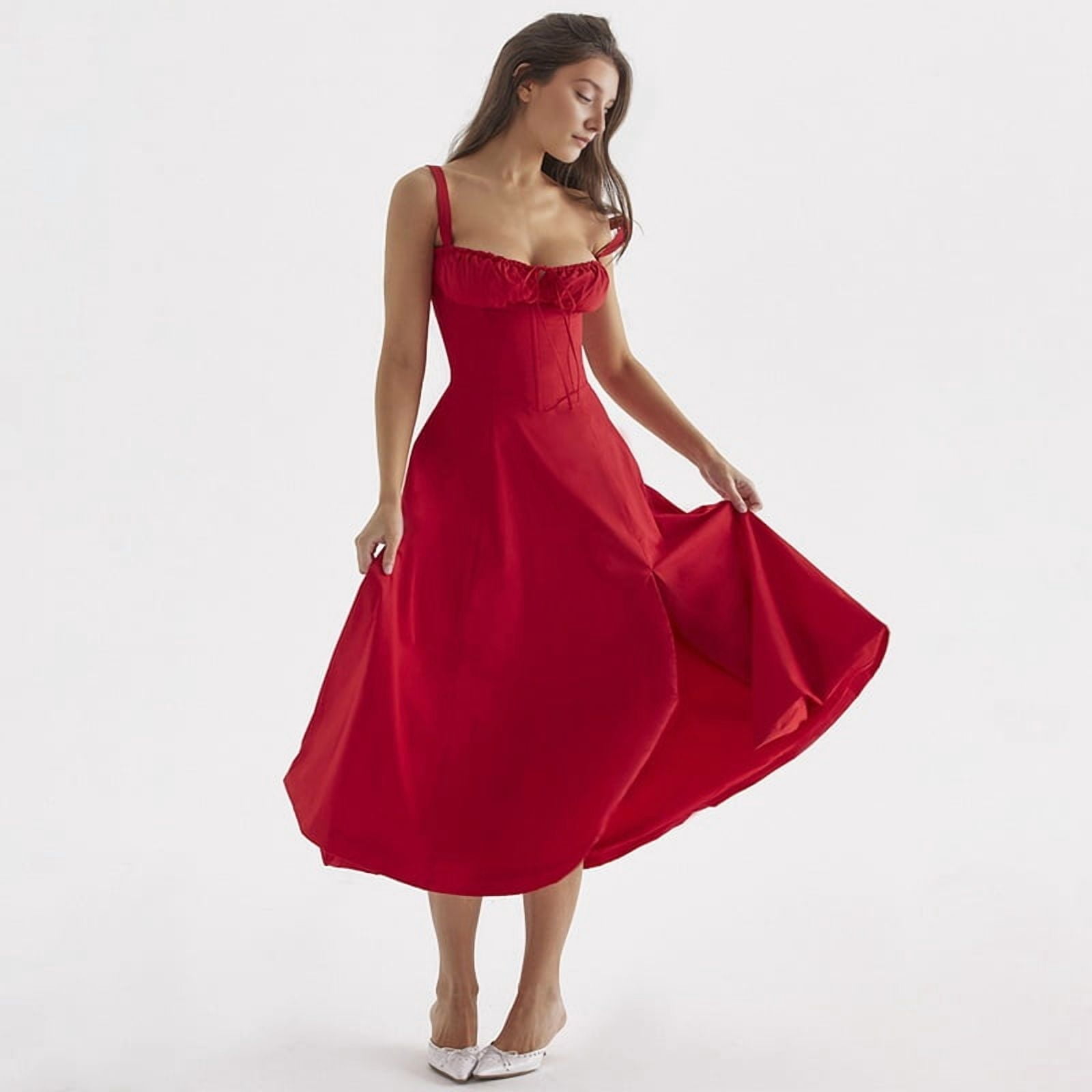 Women'S Summer Midi Corset Boho Dresses Casual Spaghetti Straps Lace Up Dress Flowy Aline Beach Sundress Red L