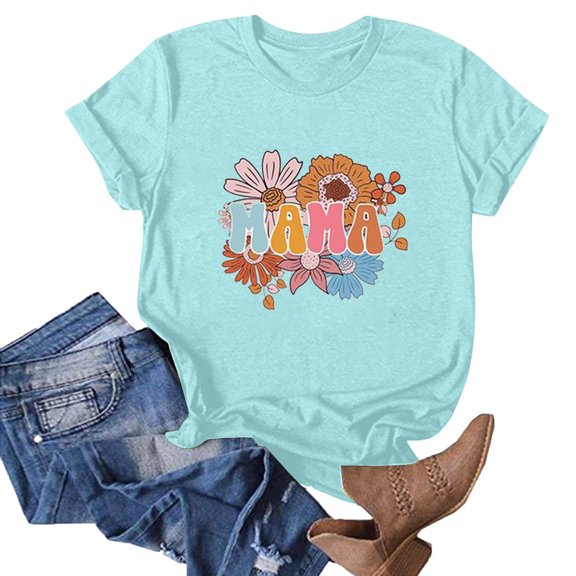 OKBOP Womens Tops Clearance Blue Short Sleeve Crew Neck Mother's Day Floral T-Shirts T Shirts for Women
