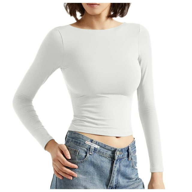 Hauts Dos Nu pour Femmes Double Doublure Dos Ouvert T-Shirt Basique à Manches Longues Décontracté pour Fête Confortable Extensible Mode