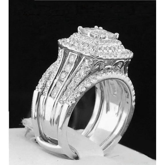 Silver & Stone Jewels 3 CT Princess Cubic Zirconia Bridal Wedding Ring Set 14K White Gold Plated
