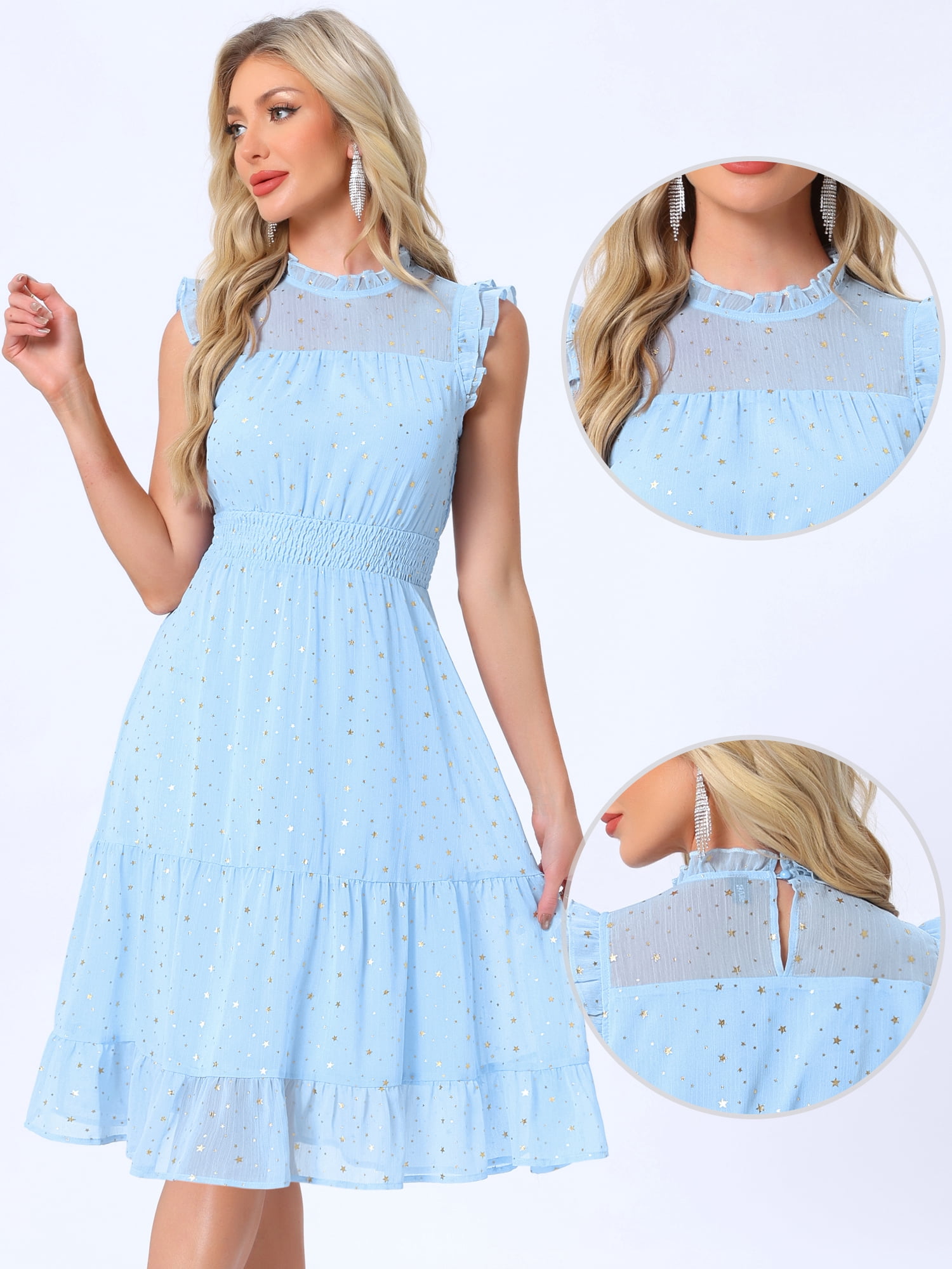 DARING DIVA Women's Gilding Metallic Stars Chiffon Jewel Neck Dresses S Light Blue