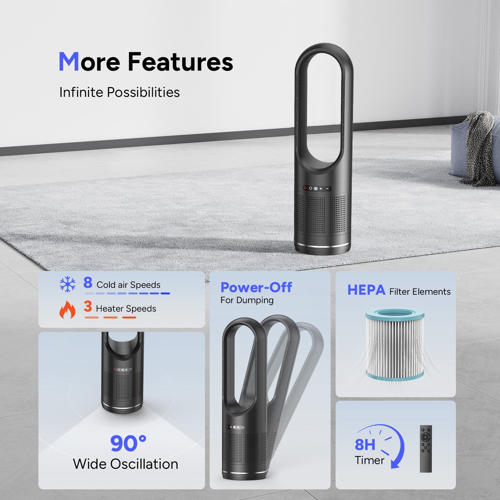 Faryuan 3 In 1 Tower Fan 10-Speed Cooling Heating Bladeless HEPA Filter Oscillating with Remote Control 8H Timer Floor Fan