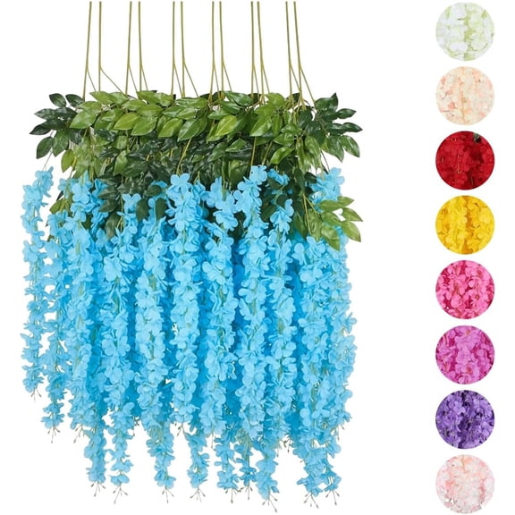 Flores Artificiales De Decoracion Glicina Colgantes De Wisteria para Jardín Exterior Hogar Fiesta Boda Plantas Artificiales Decorativas Flores Artificiales Realistas (Azul 12 Piezas)