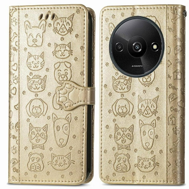 Funda Cartera FOXDOCK para Xiaomi Redmi A3 , Flip PU con Relieve de Gatos y Perros, Tarjetero y Soporte