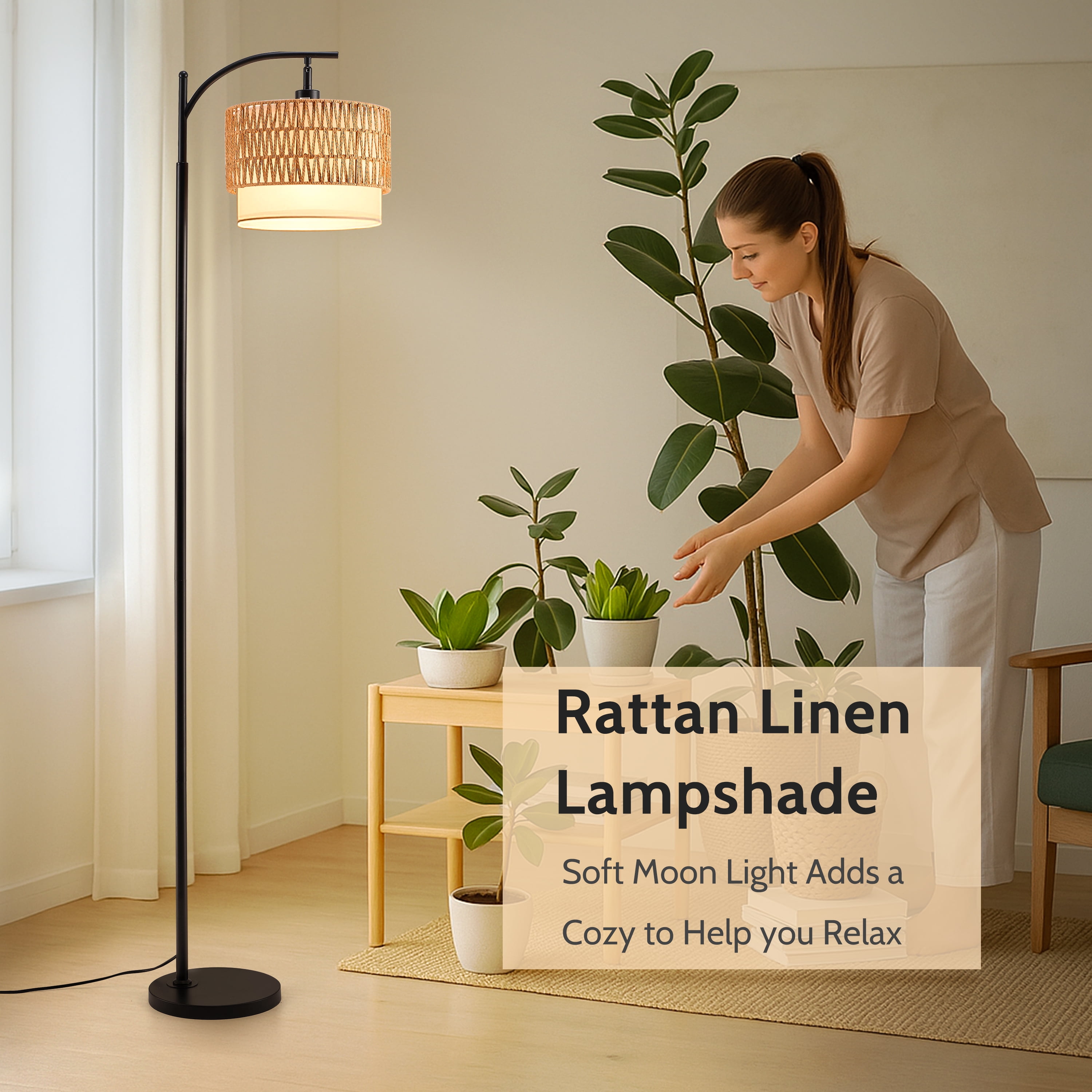 Coliware Rattan Floor Lamp for Living Room, Standing Lamp with Double Drum Shade, Dimmable Farmhouse Floor Lamp for Bedroom, 3 Color Temperatures Bulb Included