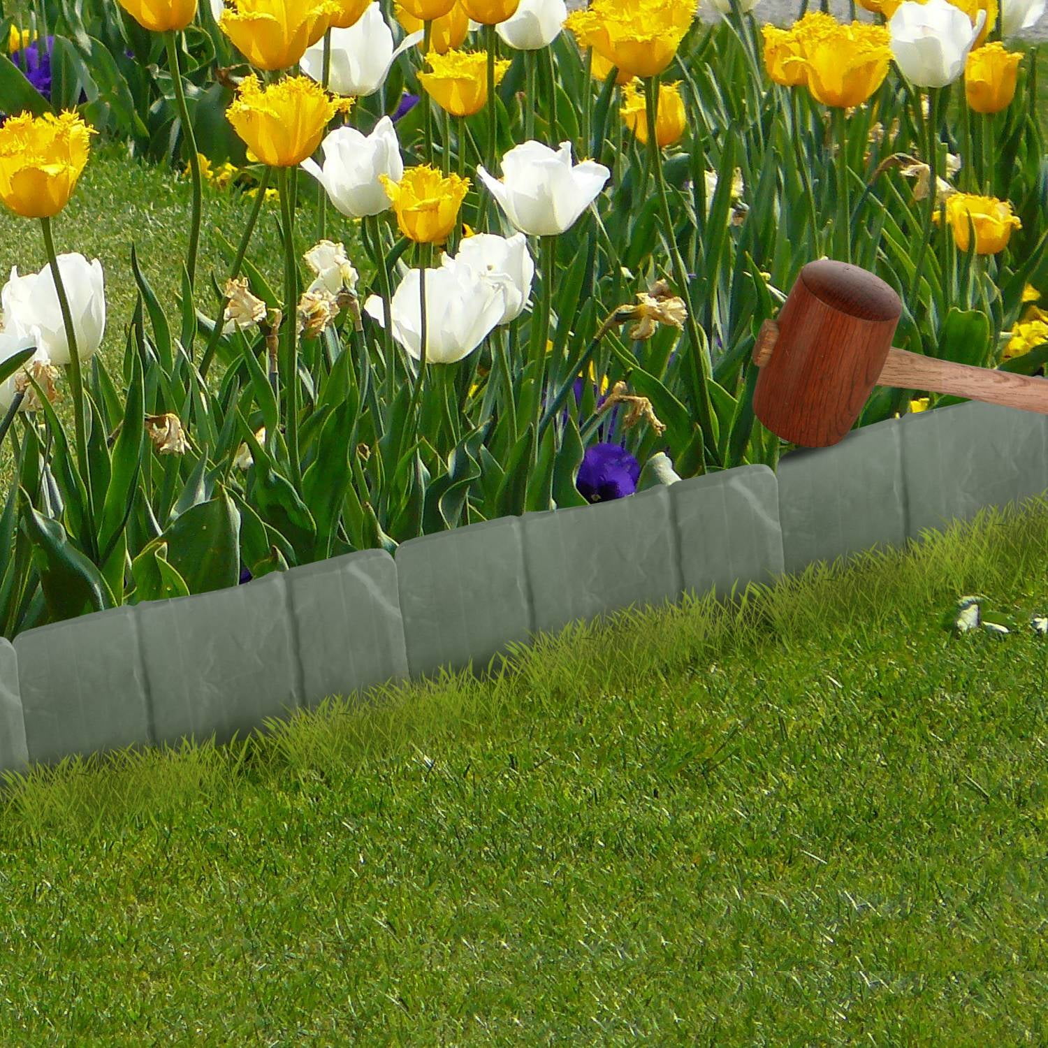 Zorpupoa 20Pcs Plastic Garden Edging, No-Dig 16ft Garden Border with Cobbled Stone Effect, Gray-Green Color Random Delivery