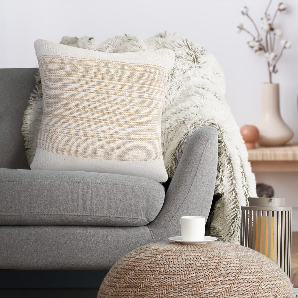 Laddha Home Designs Handwoven Striped Cotton Throw Pillow Cover - 20" - Beige and White