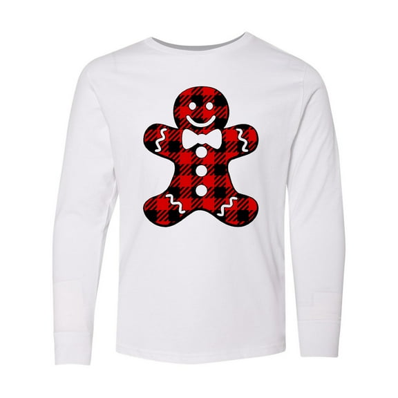 Inktastic Buffalo Plaid Gingerbread Man Long Sleeve Youth T-Shirt