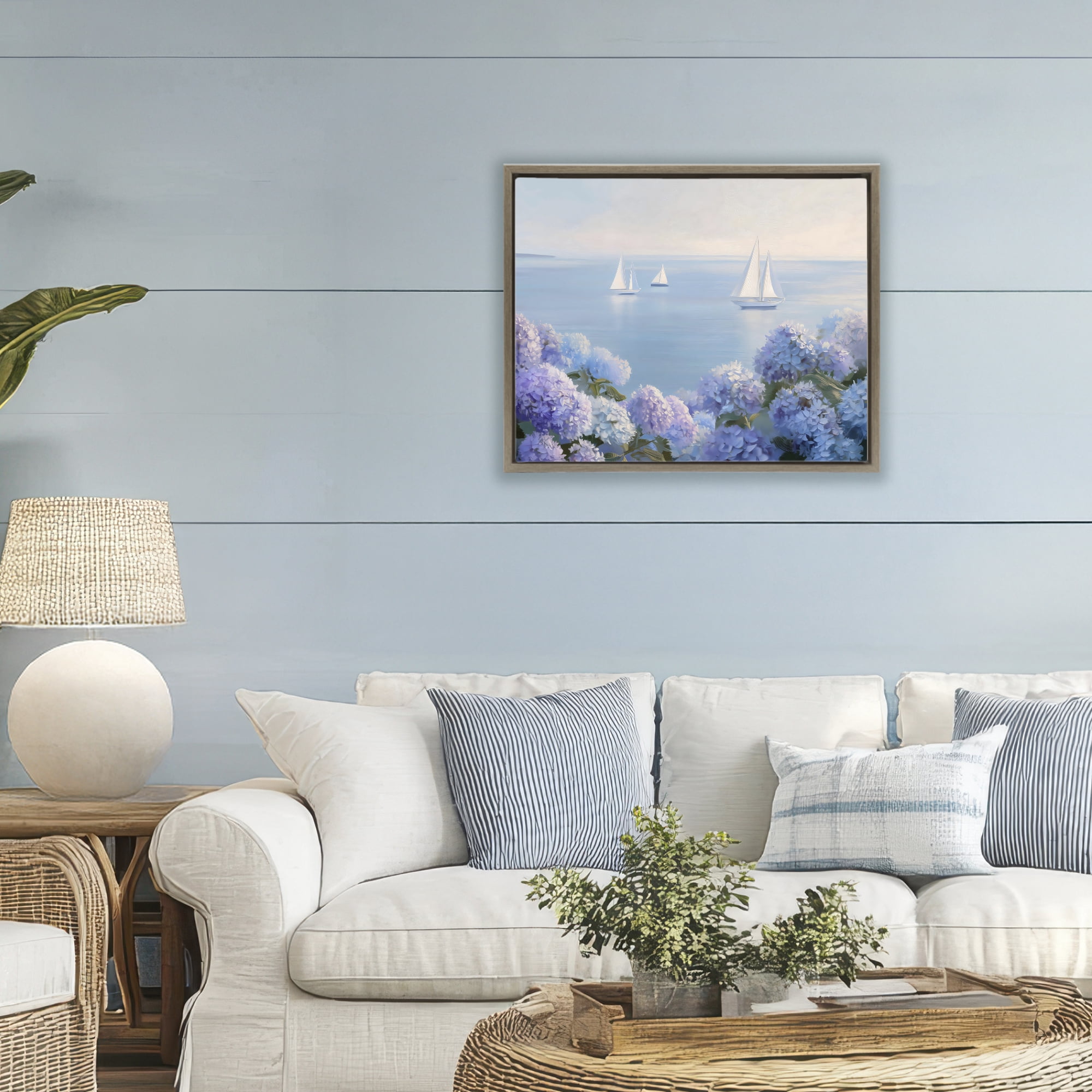 Stupell Industries Sailboats & Hydrangeas at Sea Brown Framed Floater Canvas Wall Art, design by LSR Design Studio