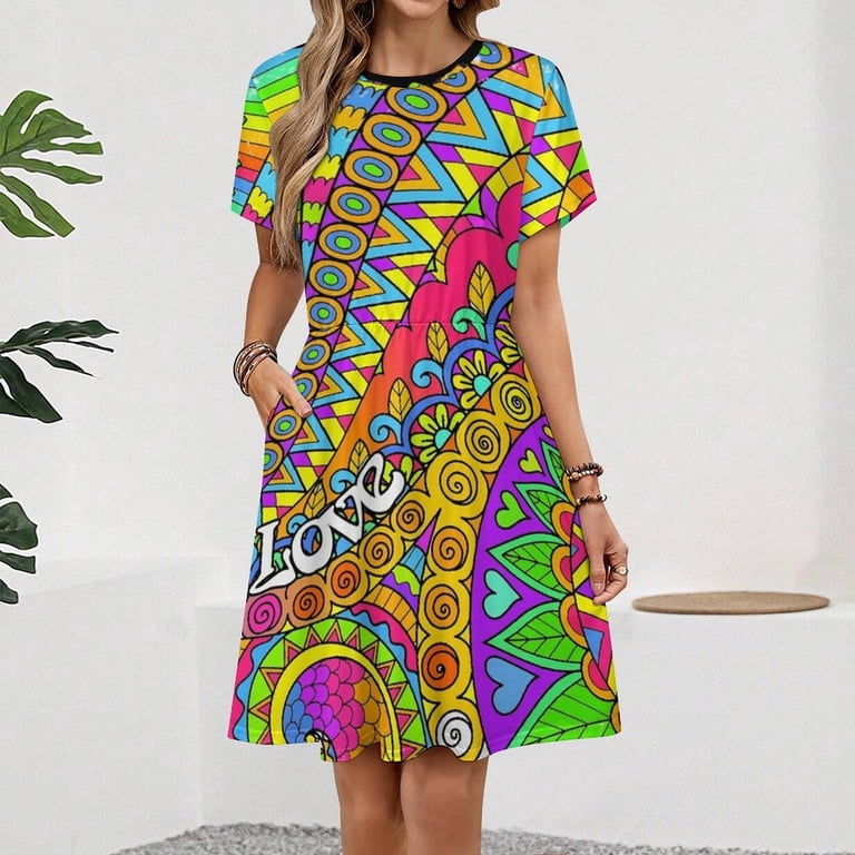 hippy beach dress INKFW25 Psychedelic Trippy Colorful Art Fashion Short Sleeve Dresses Female Party Printed Sundress, Women's, Size: XL 7043 Black elven halloween costume size:4 length design Loose