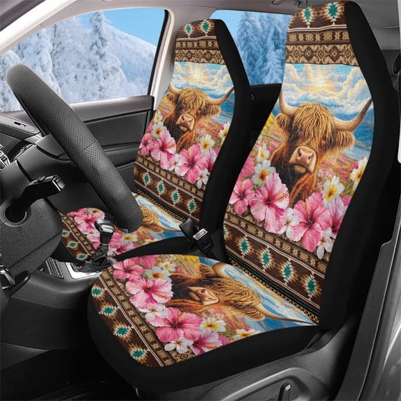 KUIFORTI Flower highland cow Car Seat Covers Comfortable Seat Covers Front Seats Only Soft Non-Slip Auto Interior Cover Warm Universal Fit Most Vehicles Cars SUV