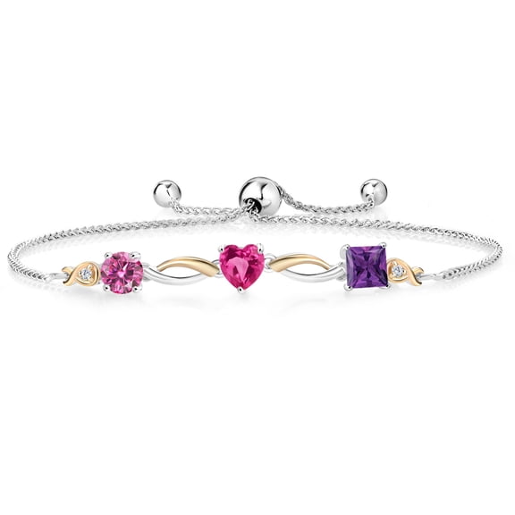 Gem Stone King 925 Silver and 10K Yellow Gold Pink Moissanite Pink Created Sapphire Purple Amethyst and Lab Grown Diamond Tennis Bracelet for Women By Keren Hanan (1.95 cttw, Adjustable up To 9 inch)