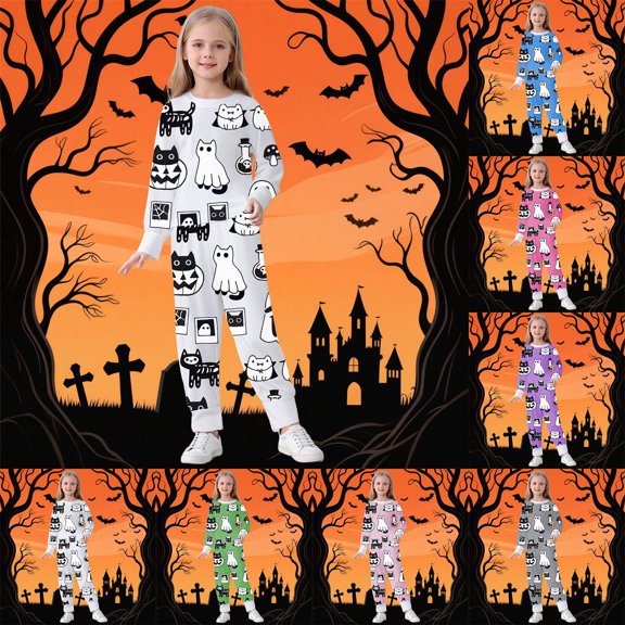 Tisuna Kids Halloween Pajamas Set For Girls Comfort Fit Cartoon Print Long Sleeve Crewneck Tops And Pants Sleepwear Toddler And Children Everyday Sleep Wear Set Size 2-3 Years Blue
