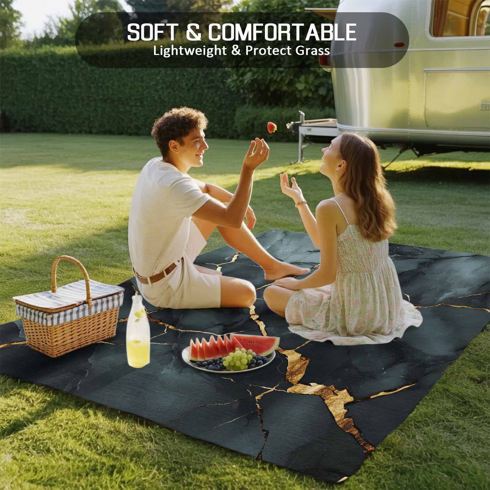 Outdoor Rug 5x8ft Blue Marble Large Area Rug Golden Ripple Indoor Outdoor Carpet Outdoor Rugs Mats for Patio Camping,RV,Front Door, Outside Decor