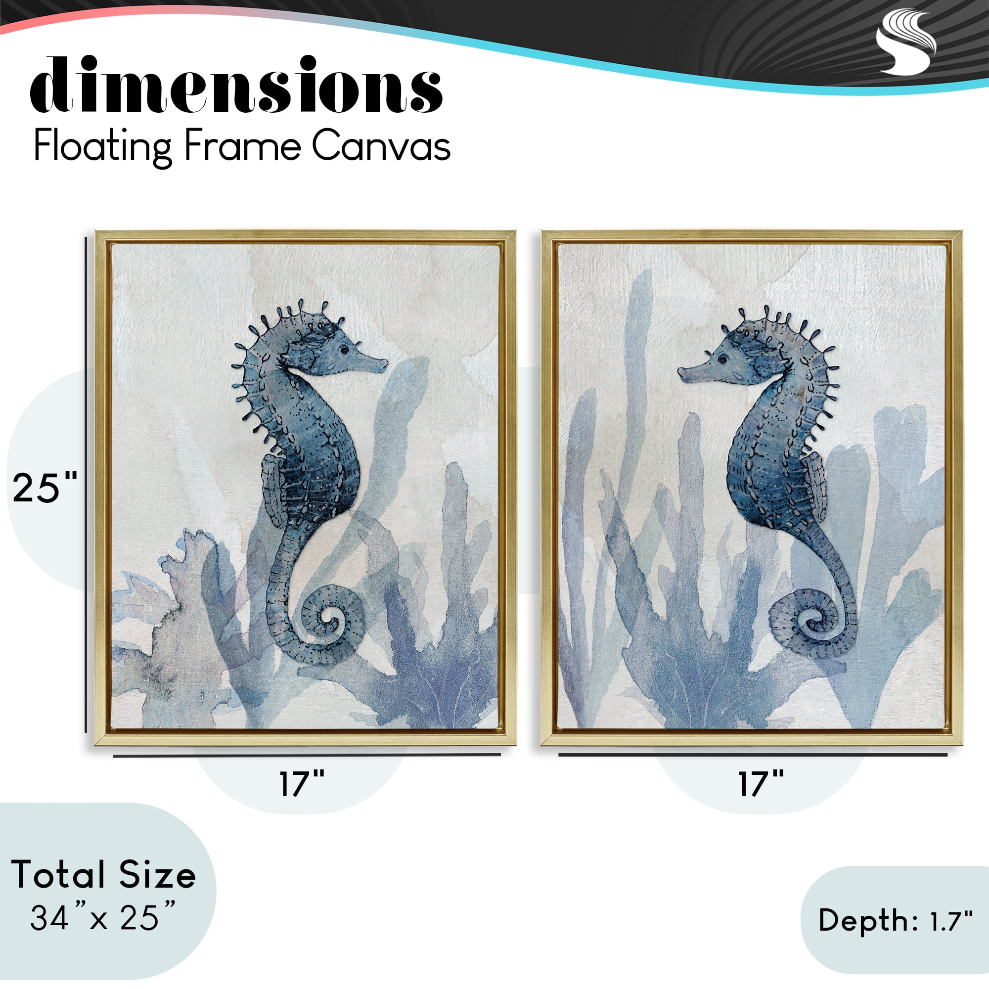 Stupell Industries Impressions of Seahorses 2 Piece Gold Framed Floater Canvas Set, design by Susan Jill