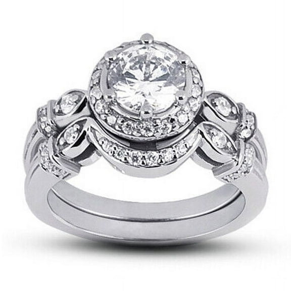 Art Deco Halo Bridal Set Stackable Engagement Rings 1.9 Ct Diamond 14K White Gold Over