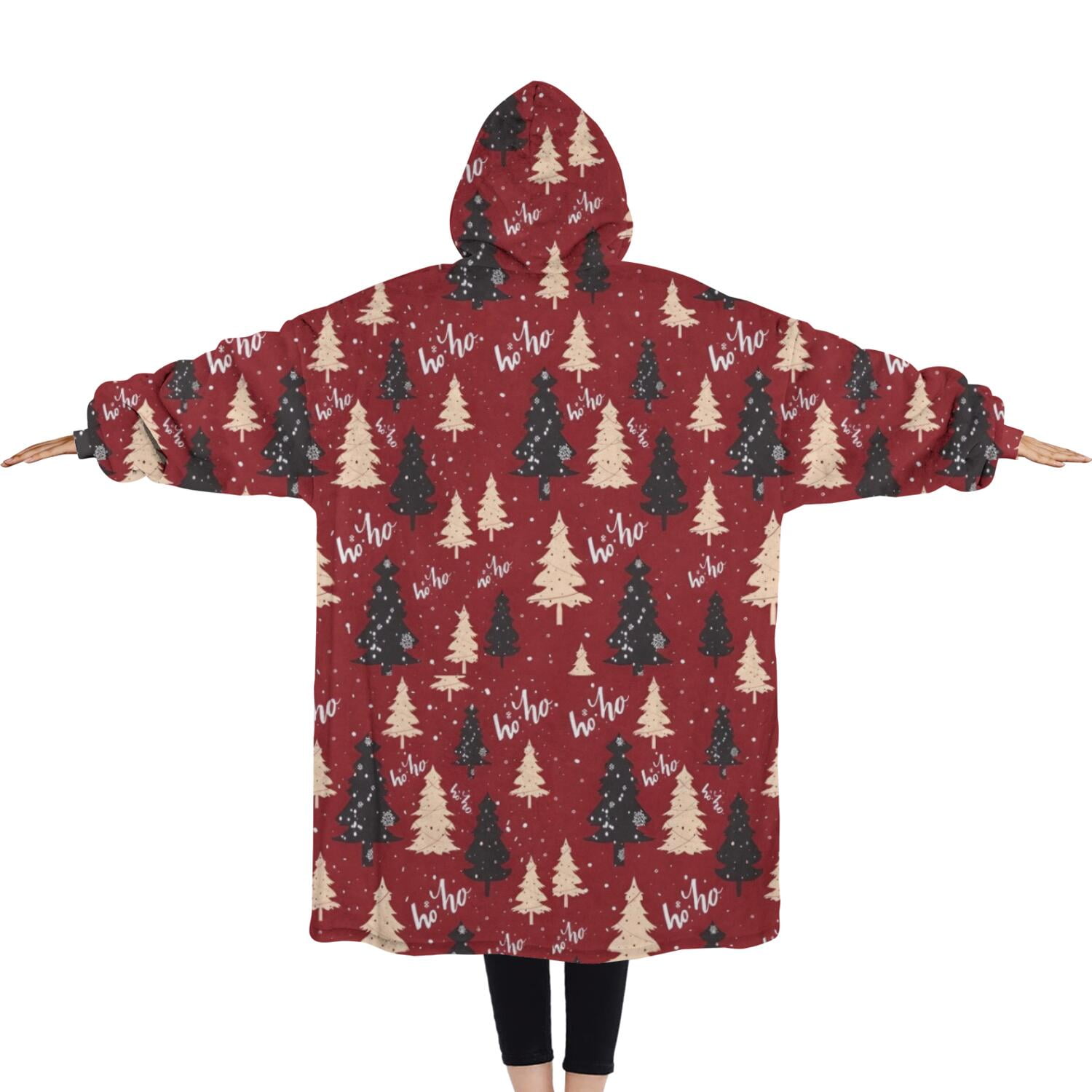 Oversized Wearable Blanket Hoodie,Red Christmas Tree Pattern Sherpa Blanket Hoodie with Super Pockets,Super Warm Fuzzy Pullover for Women & Men