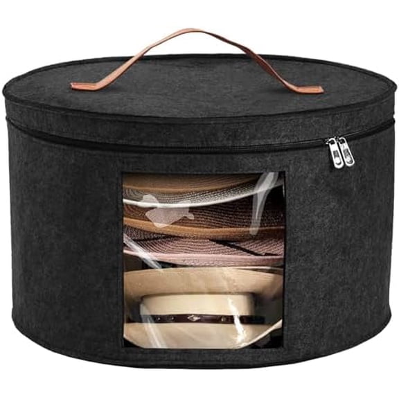 Hat Box, Travel Hat Storage Box, Foldable Space-saving Hats Boxes Organizer for Men & Women Storage, Stackable Hats Carrier Case for Round Brim, Cowboy, Panama, Tweed Caps - Black