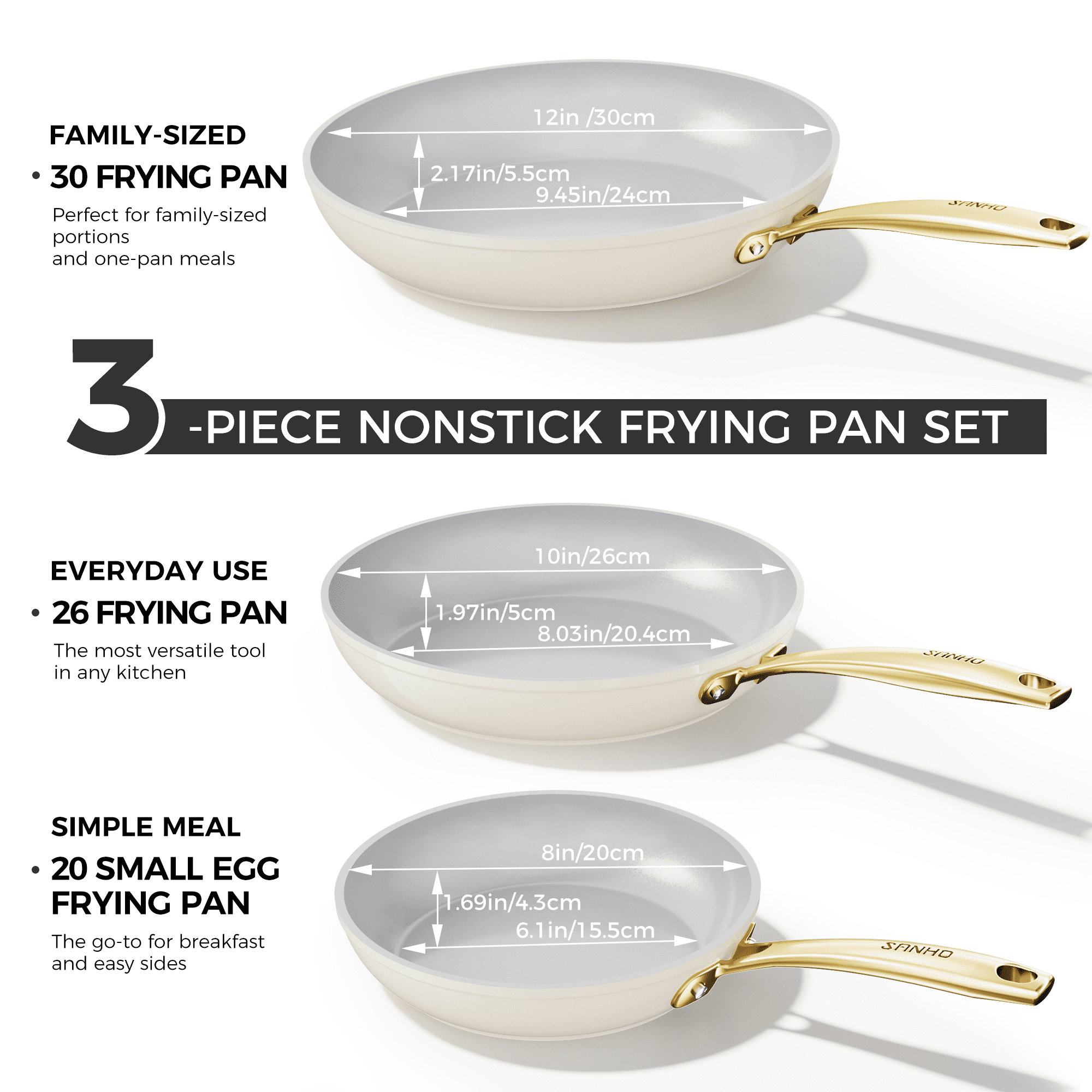 Sanho 3-Piece Nonstick Frying Pan Set, 8, 10 & 12 inch Skillets, Diamond-Titanium Ceramic Coating, Dishwasher, Oven & Induction Safe