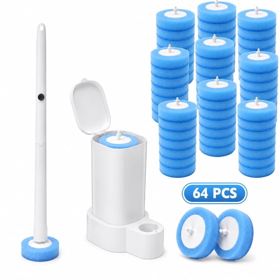 Ocalpur Disposable Toilet Brush and Holder Set, Toilet Bowl Cleaner Wand with 64 Cleaner Refills, Wall Mount Toilet Wand Brush for Toilet, Bathroom Cleaning
