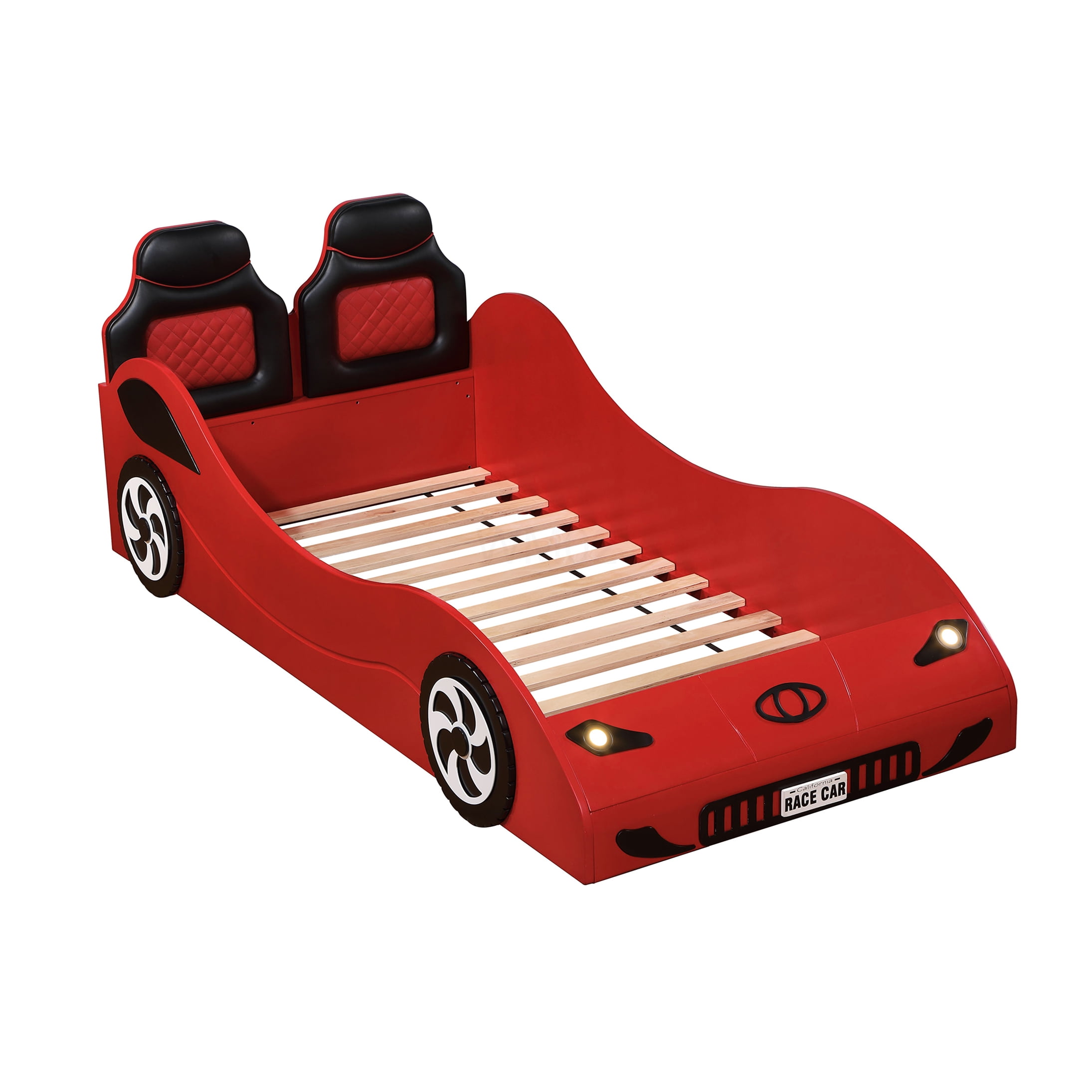 Twin Size Race Car Bed with LED Lights, PU Leather Upholstered Low Profile Platform Bed Frame