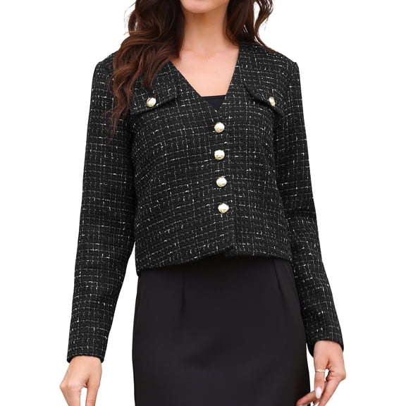 DARING DIVA Women's Tweed Long Sleeve Button Down Cropped Blazer XS Black
